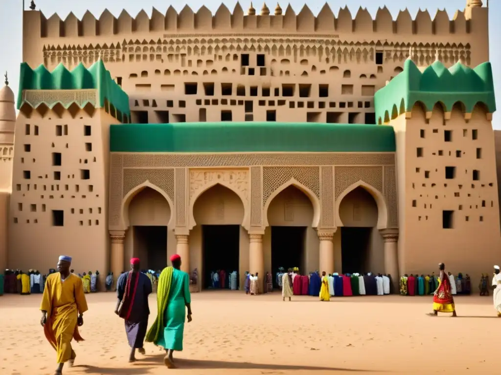 Una imagen impresionante de la Gran Mezquita de Djenné en Mali, con su arquitectura de adobe, minaretes imponentes y bullicioso mercado