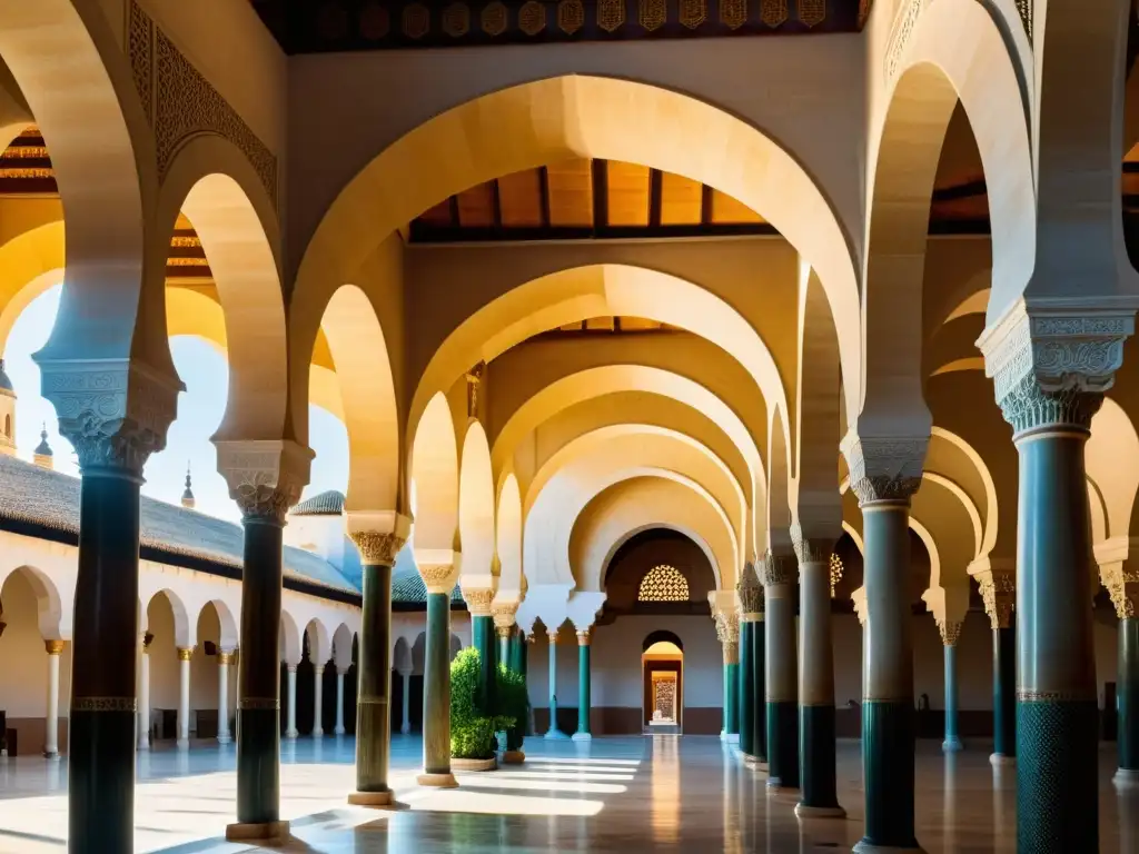 Una imagen impresionante de la Gran Mezquita de Córdoba, con arcos de herradura, columnas ornamentadas y juego de luces y sombras