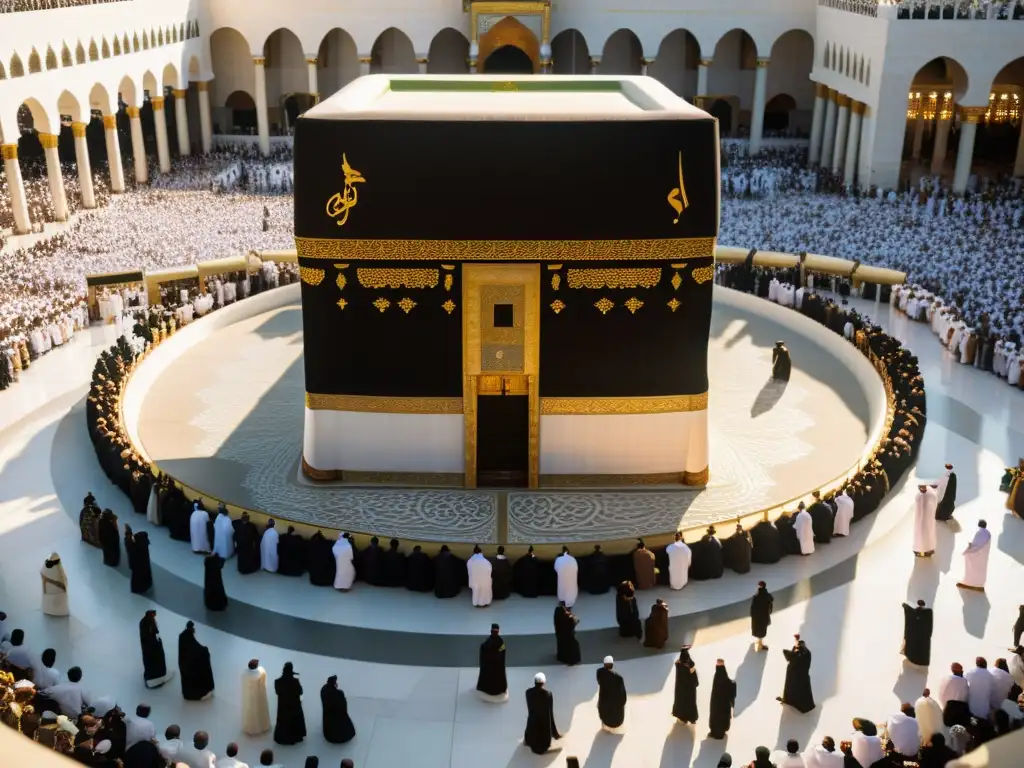 Una imagen impresionante de la Kaaba en La Meca, rodeada de peregrinos vestidos con el tradicional ihram blanco