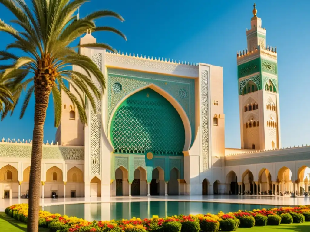 La imagen muestra la impresionante Mezquita Hassan II en Casablanca, Marruecos, con su arquitectura detallada y atmósfera majestuosa