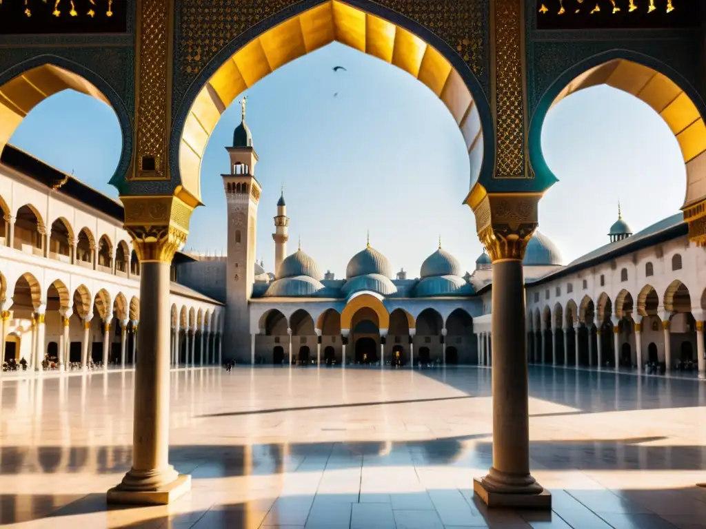 Una imagen impresionante de la Mezquita Omeya en Damasco, Siria, con su arquitectura intrincada y su majestuoso patio lleno de fieles