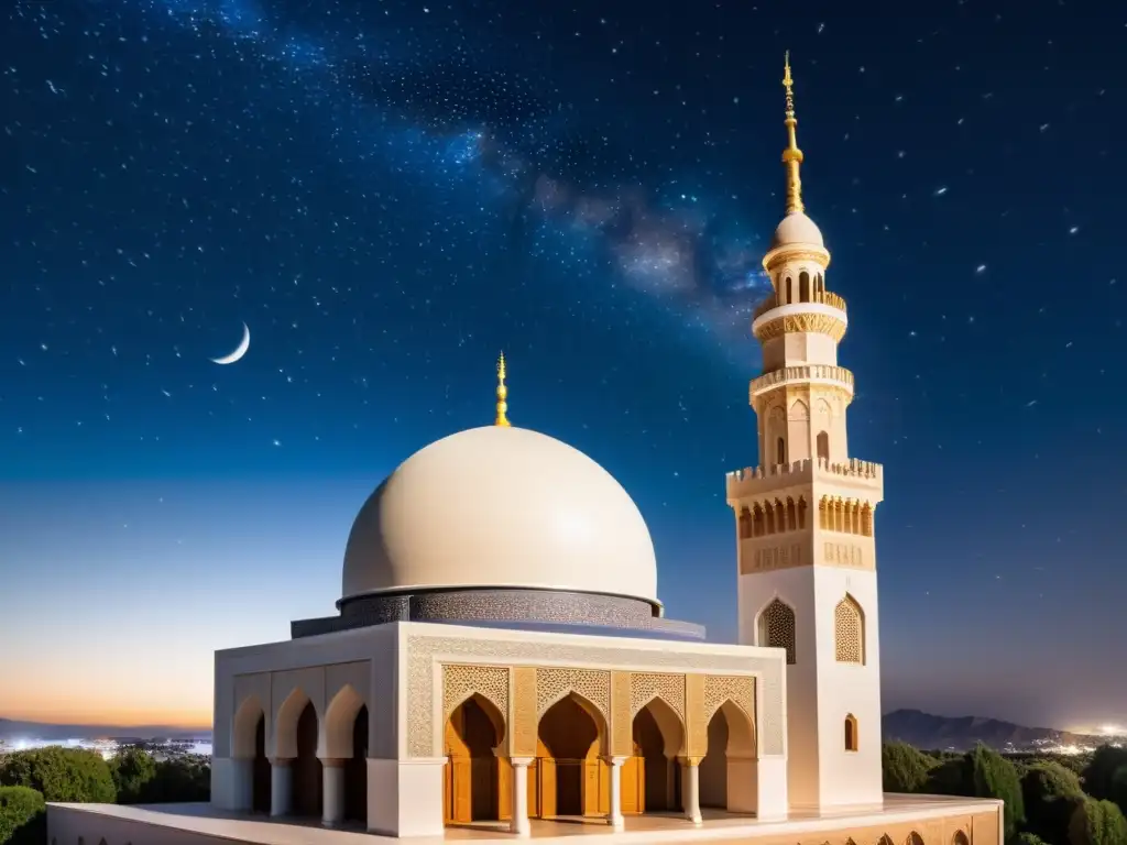 Imagen impresionante de un observatorio histórico islámico en una mezquita, con detalles arquitectónicos geométricos y una noche estrellada