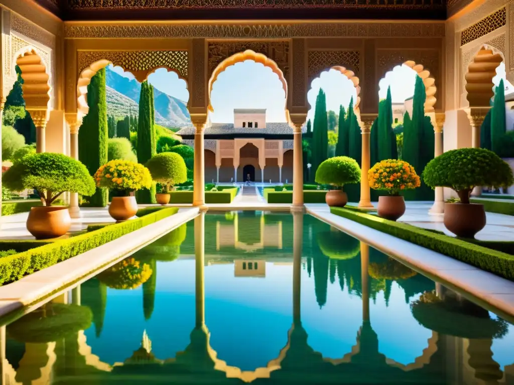 Una imagen impresionante de la Alhambra en Granada, con sus patrones geométricos islámicos, exuberantes jardines y elementos europeos, capturando la inspiración islámica en diseño de paisajes