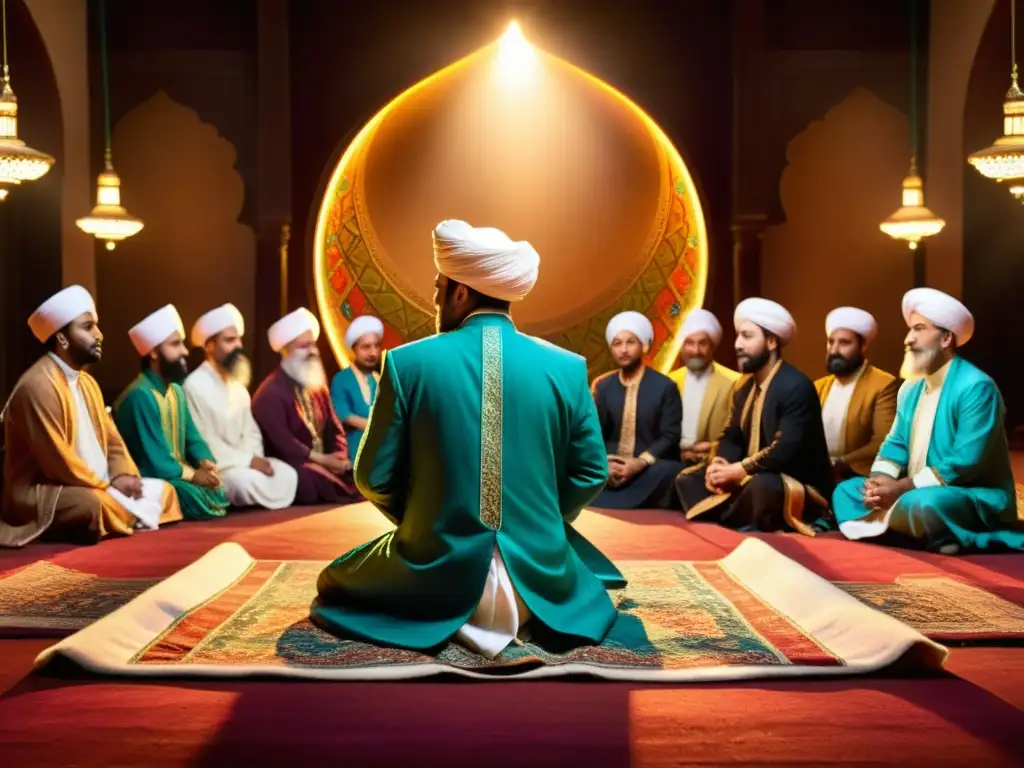 Una imagen impresionante de una reunión musical sufí tradicional, con colores vibrantes y una atmósfera de devoción