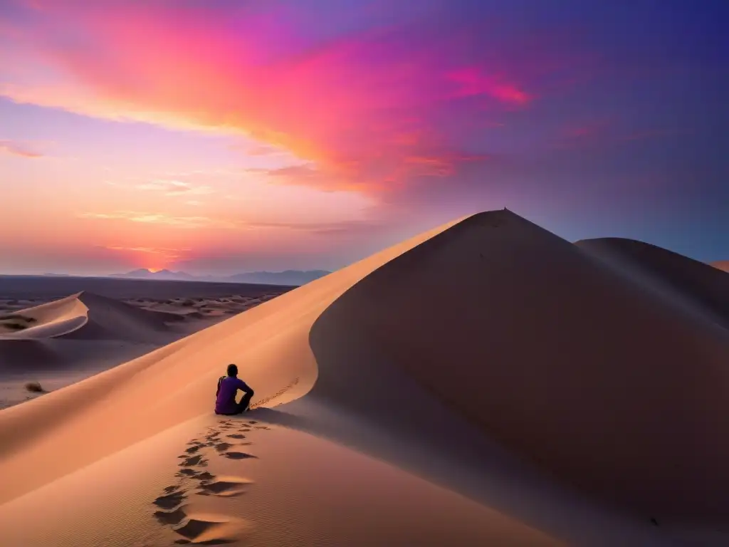 Imagen de influencia poesía sufí en literatura contemporánea: paisaje sereno en el desierto al atardecer, figura escribiendo poesía en pergamino