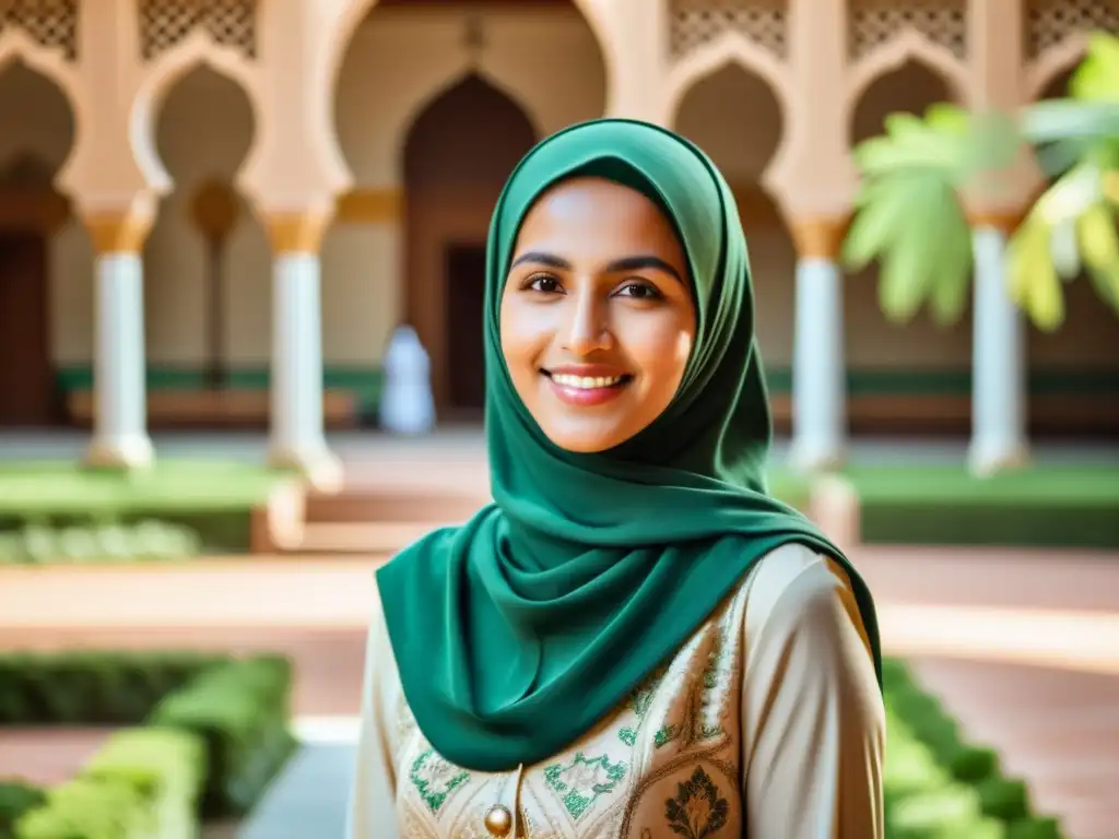 Una imagen inspiradora de mujeres musulmanas en un patio de mezquita, irradiando unidad y empoderamiento en los Derechos de las mujeres en el Islam