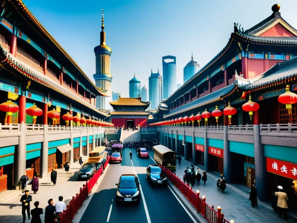 Imagen de la integración de musulmanes en la sociedad china, con arquitectura tradicional y rascacielos modernos, gente y una mezquita de fondo