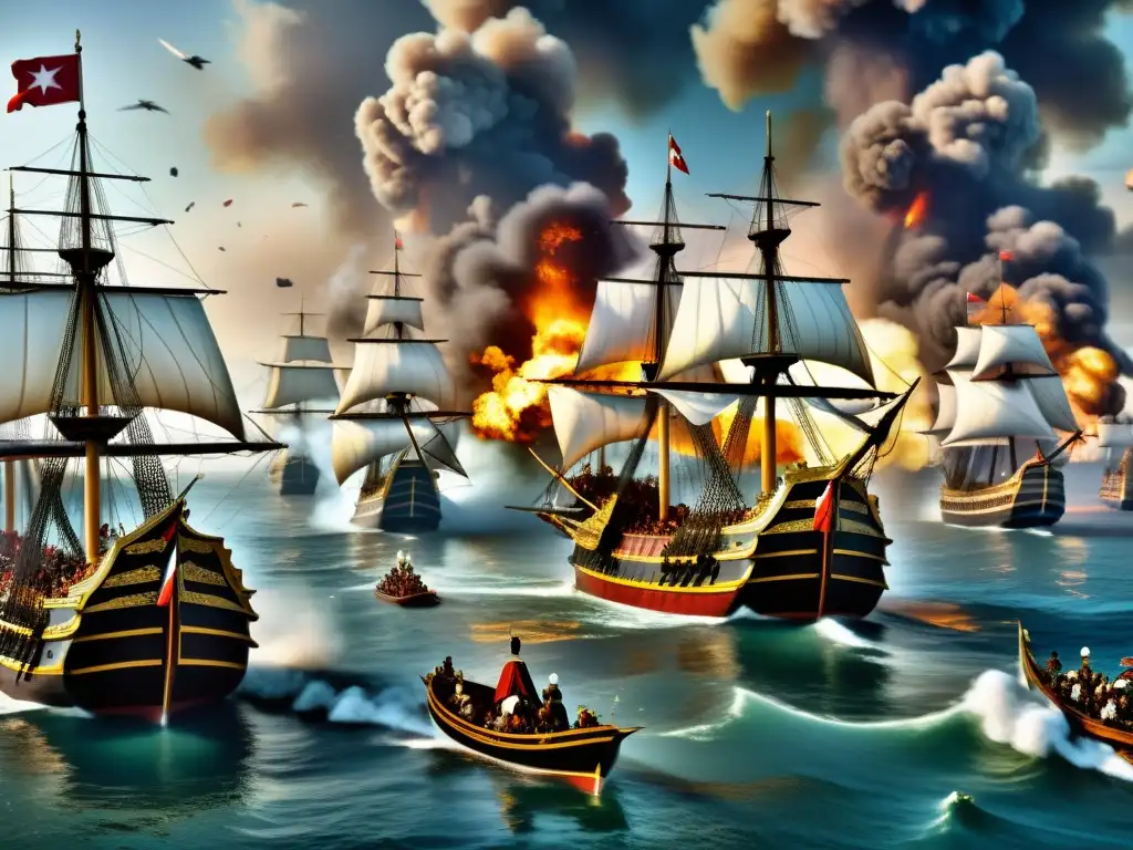 La imagen muestra la intensa Batalla de Lepanto entre el Imperio Otomano y la Liga Santa, con detalles realistas y el caos del conflicto naval