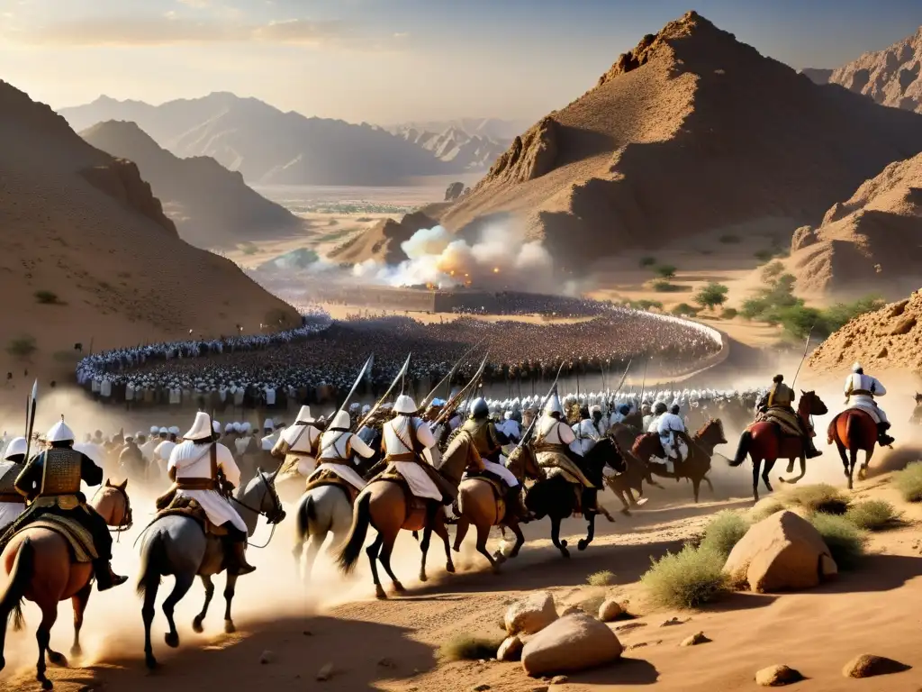 La imagen muestra la intensidad del conflicto clave en los albores del Islam, con detalles realistas de la Batalla de Uhud