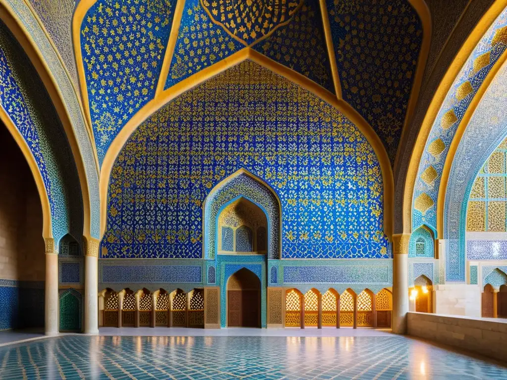 La imagen muestra la ornamentación islámica en la mezquita Sheikh Lotfollah en Isfahán, Irán, con patrones geométricos y colores vibrantes