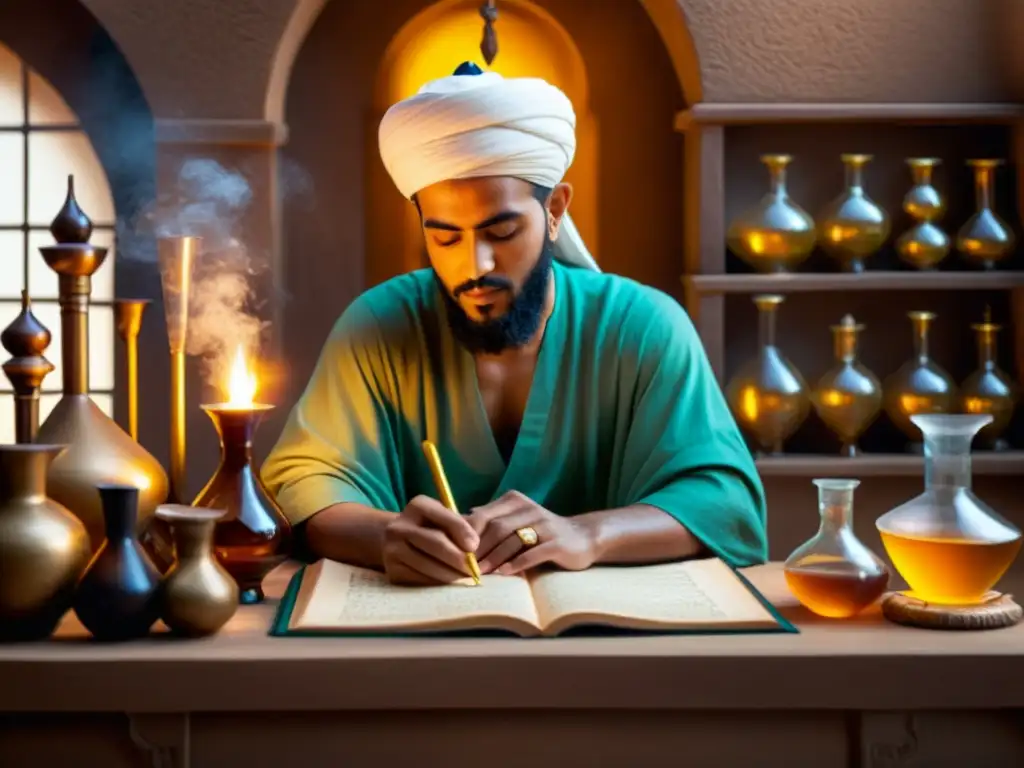 En la imagen, Jabir Ibn Hayyan trabaja en un laboratorio de alquimia, reflejando los aportes científicos del mundo islámico