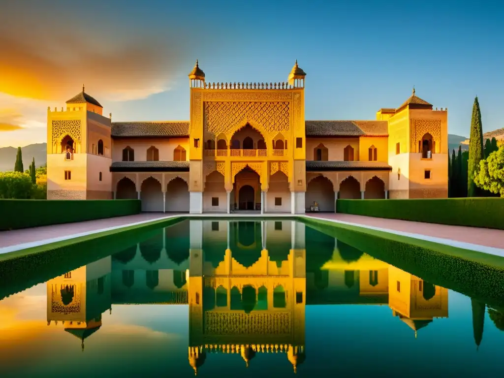 La imagen muestra la majestuosa Alhambra al atardecer, resaltando la influencia del Islam en España