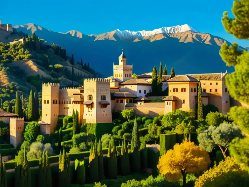 La imagen muestra la majestuosa Alhambra en Granada, España, con sus detalles arquitectónicos islámicos y jardines exuberantes