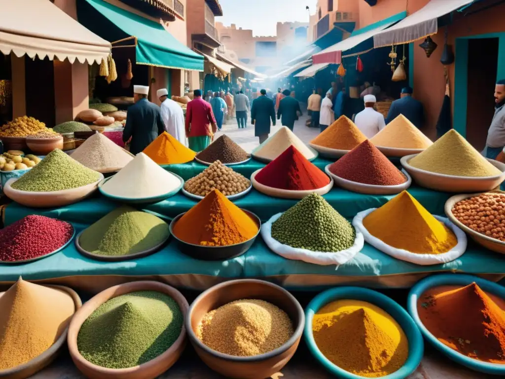 Imagen de mercado bullicioso en Marruecos con recetas tradicionales de países musulmanes