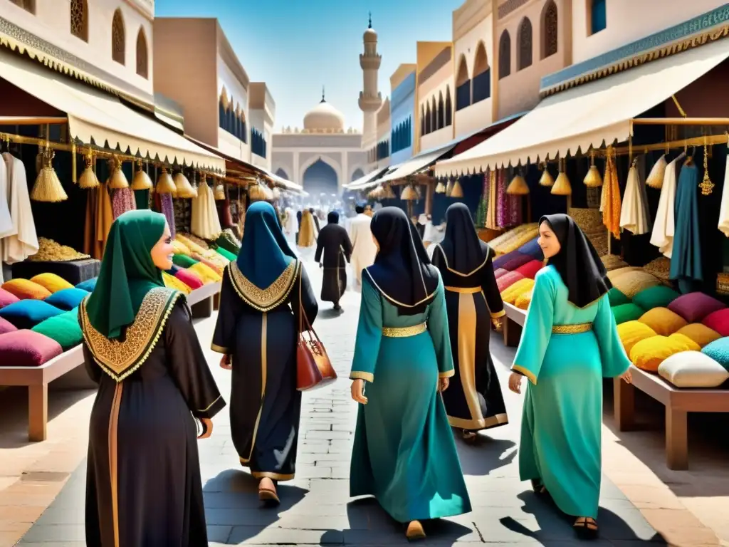 Imagen de mercado islámico con coloridas Abayas exhibiendo la evolución histórica de la Abaya islámica, capturando la rica herencia cultural