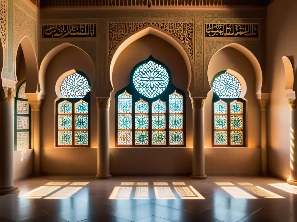 Imagen de una mezquita islámica antigua restaurada, con exquisitos detalles arquitectónicos y caligrafía, bañada por la cálida luz solar