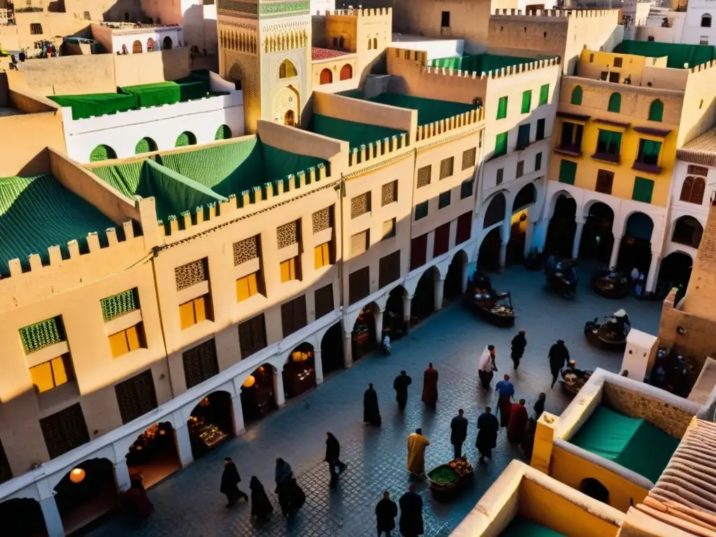 Imagen de la mística ciudad de Fez, con sus laberínticas calles, mercados vibrantes y arquitectura tradicional, capturando su histórica atmósfera