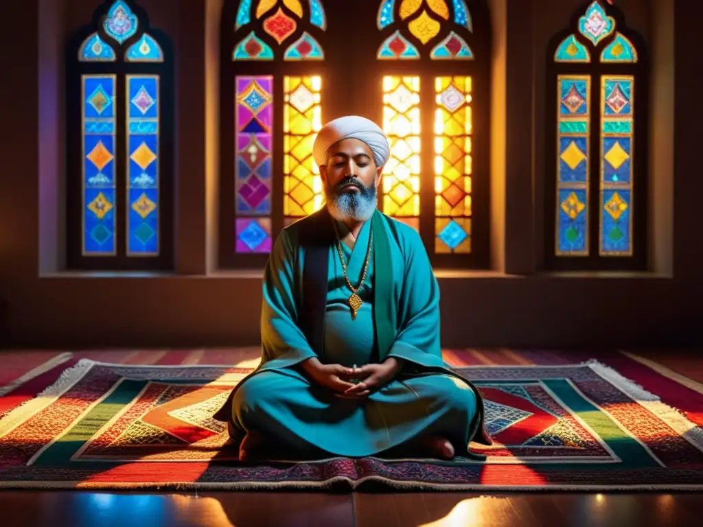 Imagen de un místico sufí meditando en una habitación iluminada por vitrales, rodeado de artefactos simbólicos