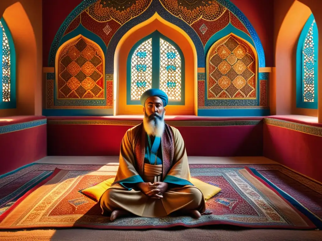 Imagen de un místico sufí en meditación, rodeado de libros antiguos y bañado por luz dorada en una habitación ricamente decorada con alfombras