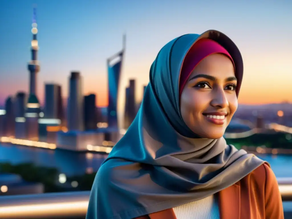 Imagen de una mujer musulmana segura con hijab en la ciudad, simbolizando la identidad cultural en medios occidentales