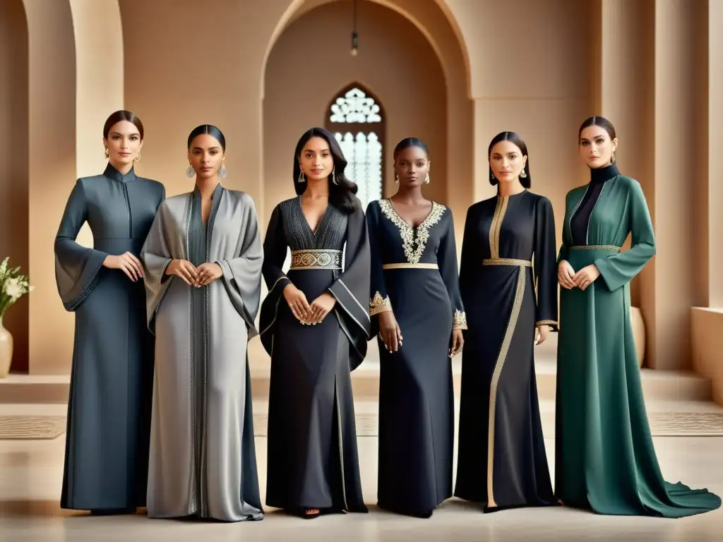 Imagen de mujeres diversas luciendo abayas únicas en un espacio moderno y luminoso, reflejando moda islámica y empoderamiento