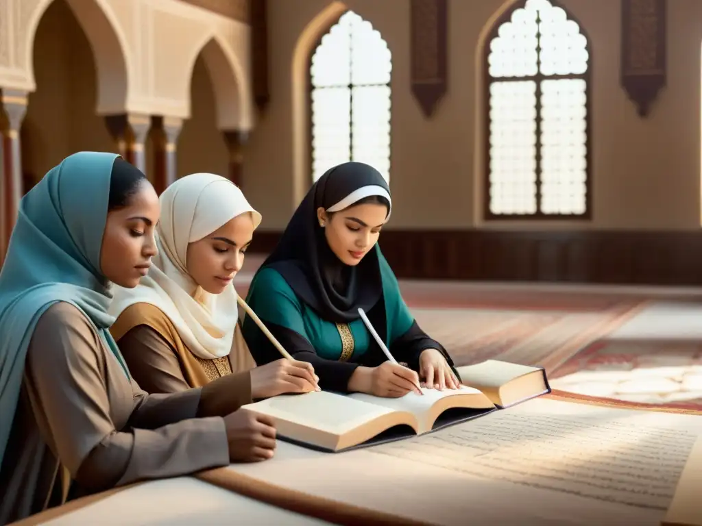 Imagen de mujeres influyentes en el Islam, en un entorno sereno y contemplativo, rodeadas de libros y herramientas de escritura