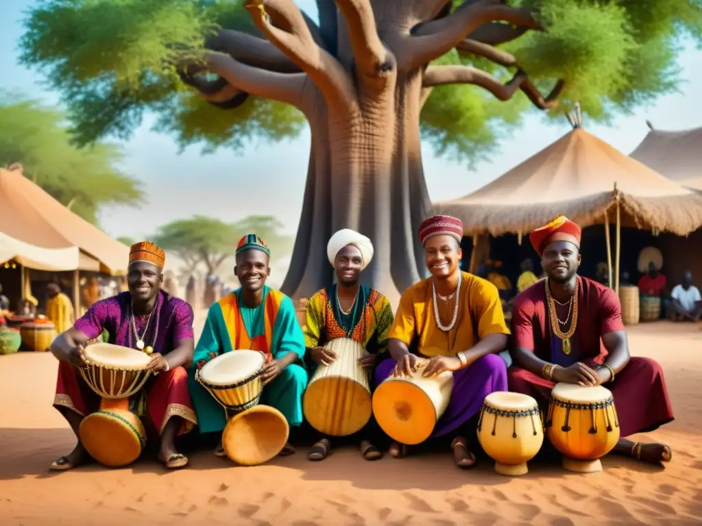 Imagen de músicos africanos occidentales con influencia islámica, tocando instrumentos tradicionales bajo un baobab, en un mercado colorido