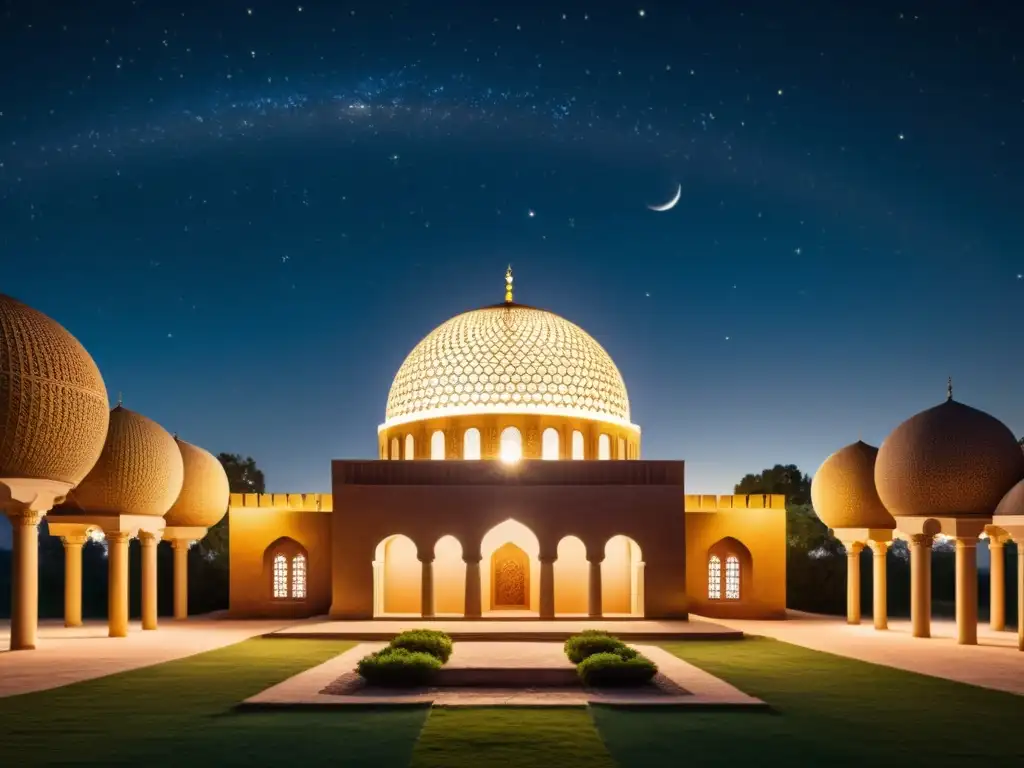 Imagen nocturna de un antiguo observatorio islámico, iluminado por las estrellas y la luz de la luna, rodeado de exuberantes jardines