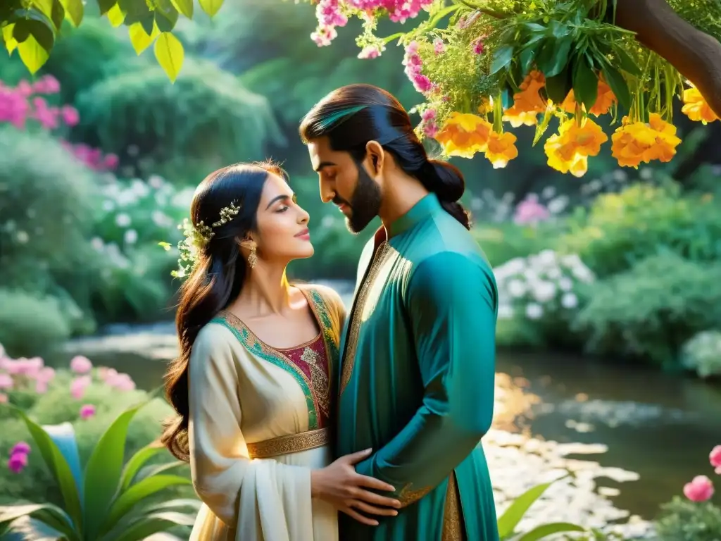 Una imagen de Layla y Majnun en un oasis exuberante, con una atmósfera romántica y elementos culturales