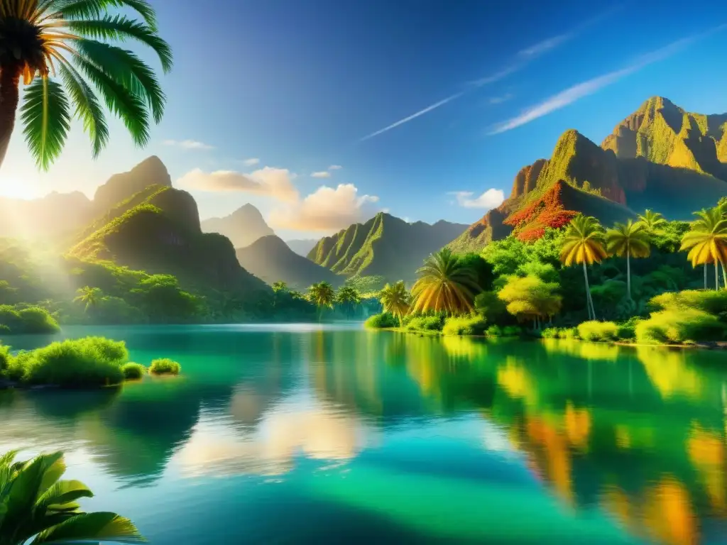 Imagen de un oasis verde exuberante rodeado de montañas, reflejando serenidad y belleza natural