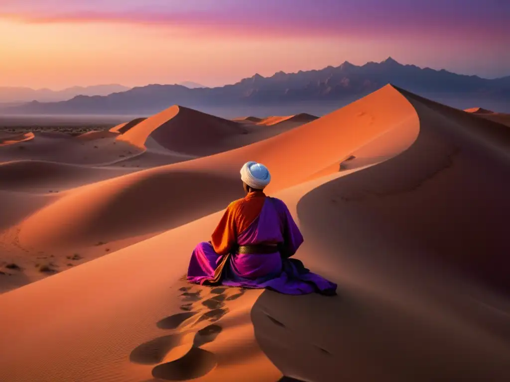 Imagen de un paisaje desértico al atardecer, inspirado en la poesía Ibn alFarid y el enfoque sufí, con un solitario contemplativo