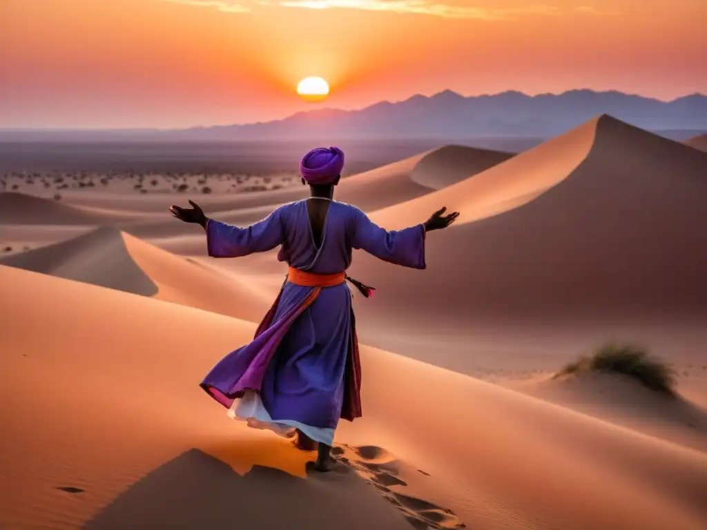 Imagen de paisaje desértico al atardecer con figura Sufi en contemplación