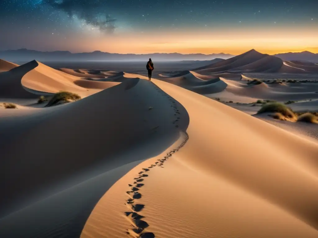 Imagen de paisaje desértico sereno con figura solitaria caminando hacia un oasis brillante bajo la luz de la luna