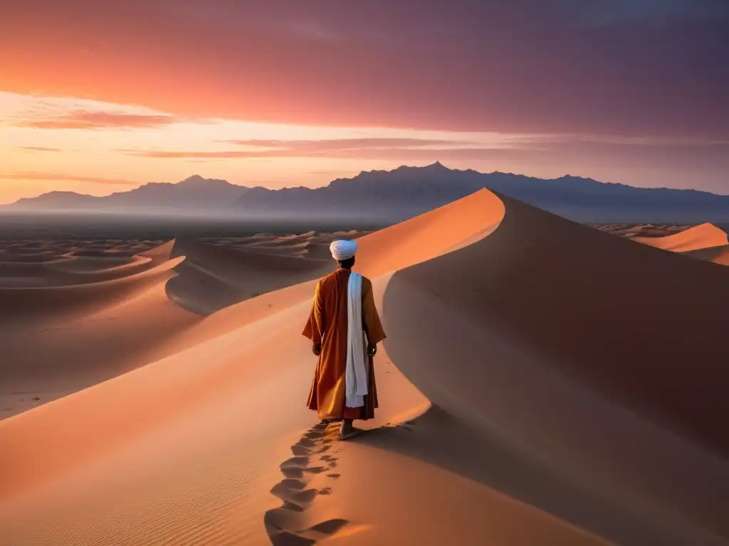 Imagen de un paisaje desértico sereno al atardecer, con un cielo anaranjado y rosa que arroja un cálido resplandor sobre las dunas