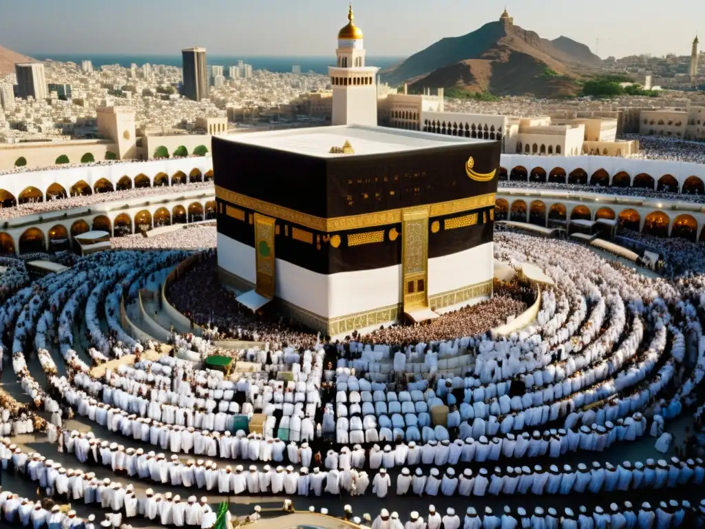 Una imagen panorámica de alta resolución que captura la fusión de elementos tradicionales y modernos en la peregrinación del Hajj en la era moderna