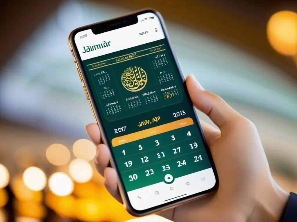 Imagen de pantalla de smartphone con app de calendario islámico para celebraciones importantes, con diseño elegante y detalles nítidos