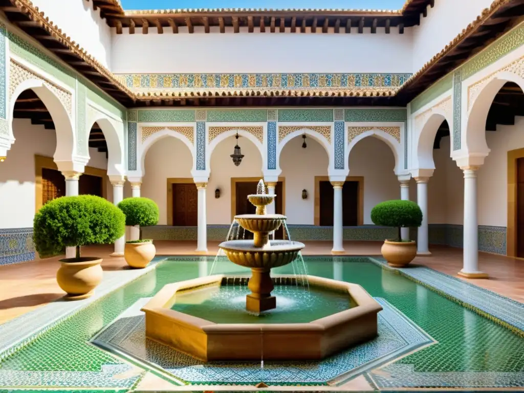 Imagen de un patio andaluz tradicional, con influencia islámica en arte español, con azulejos geométricos, vegetación exuberante y una fuente central