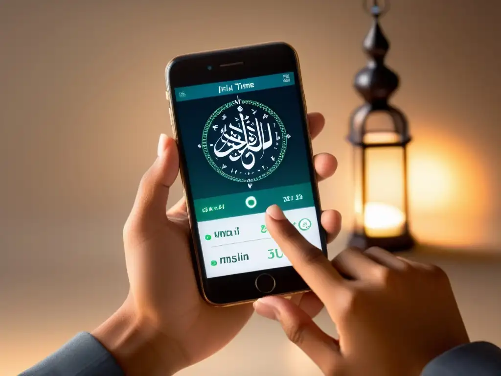 Imagen de una persona usando la app de oración musulmana con funcionalidades únicas, creando una atmósfera serena y contemplativa