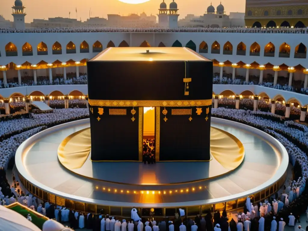 Una imagen photorealistic de la Kaaba y peregrinos en atuendos tradicionales bajo la cálida luz del atardecer