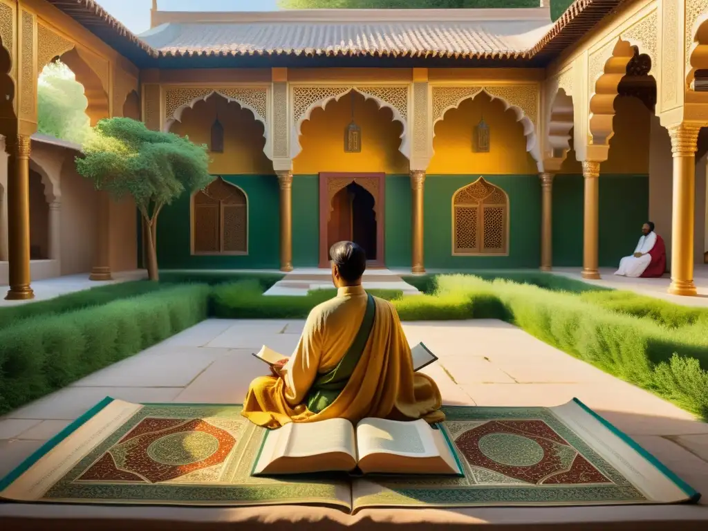 Imagen de una pintura detallada de un tranquilo encuentro sufí en un patio iluminado por el sol, con figuras en túnicas contemplativas, rodeadas de exuberante vegetación y arquitectura ornamental