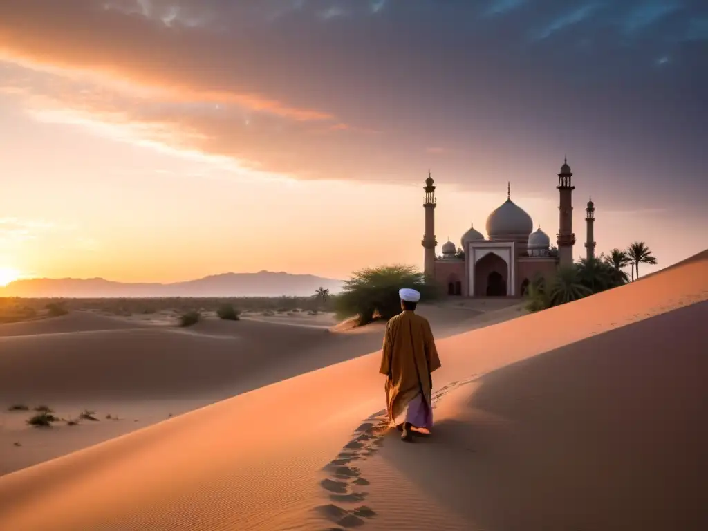 Imagen de poesía Sufí en enfoque poético, con figura solitaria en el desierto al amanecer y majestuosa mezquita al fondo