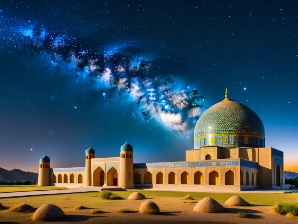 Una imagen poética de la observatorio islámico en Samarkand, Uzbekistán, bajo un cielo estrellado