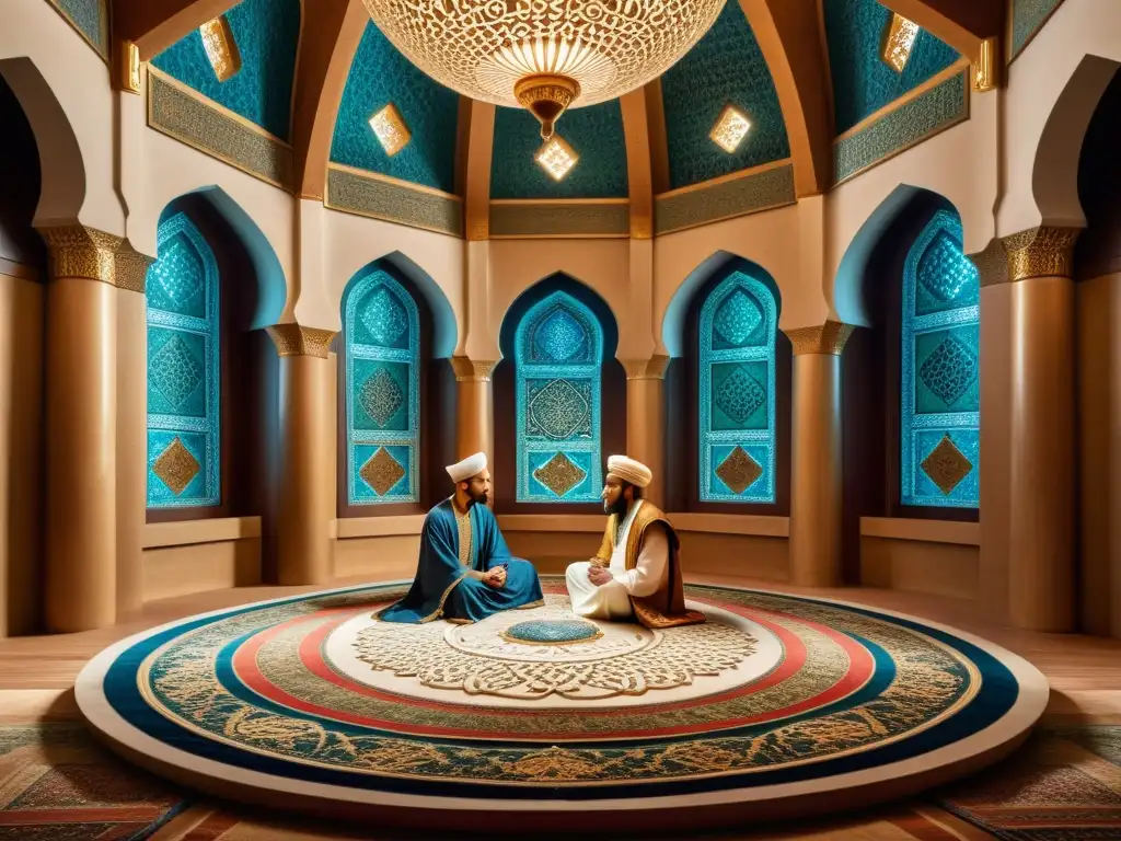 Imagen de los primeros cuatro califas del Islam en un majestuoso salón, reflejando historias de poder y fe islámica