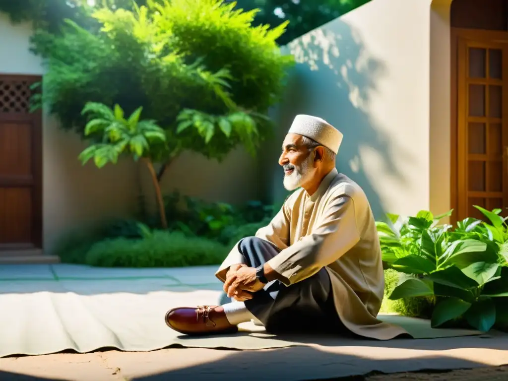 Imagen realista de un anciano musulmán en un patio tranquilo, transmitiendo sabiduría y conexión familiar