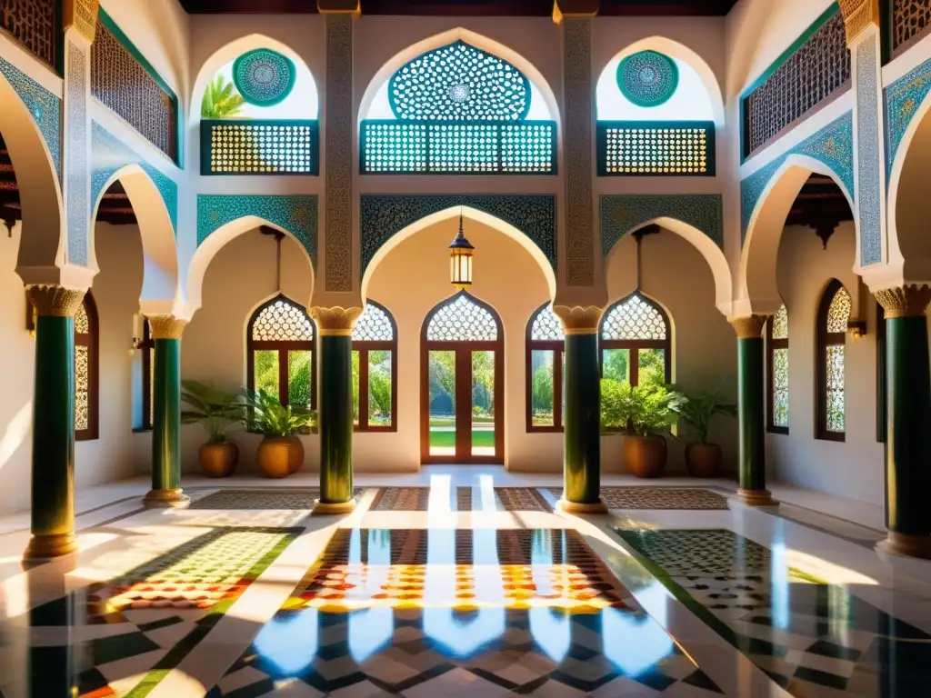 Una imagen realista de una antigua mezquita islámica restaurada, con detalles arquitectónicos, caligrafía y mosaicos vibrantes