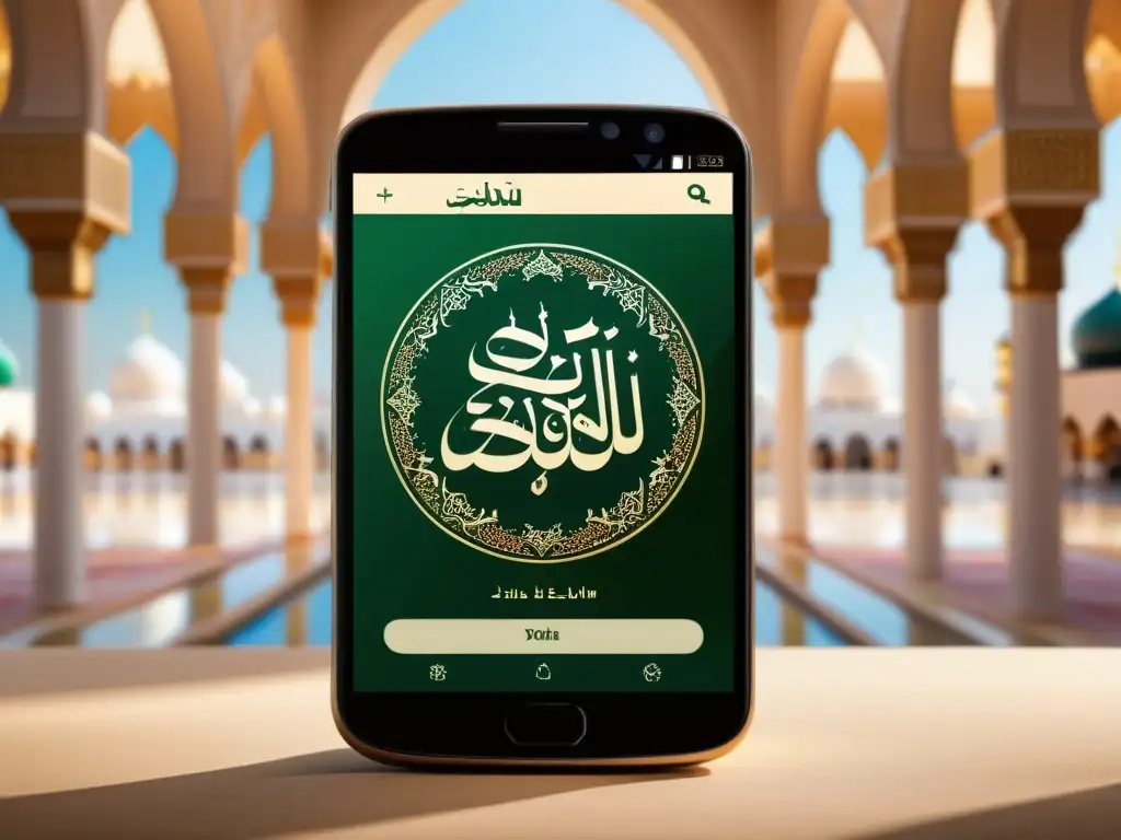 Imagen realista de una app para devociones musulmanas con caligrafía árabe y colores relajantes