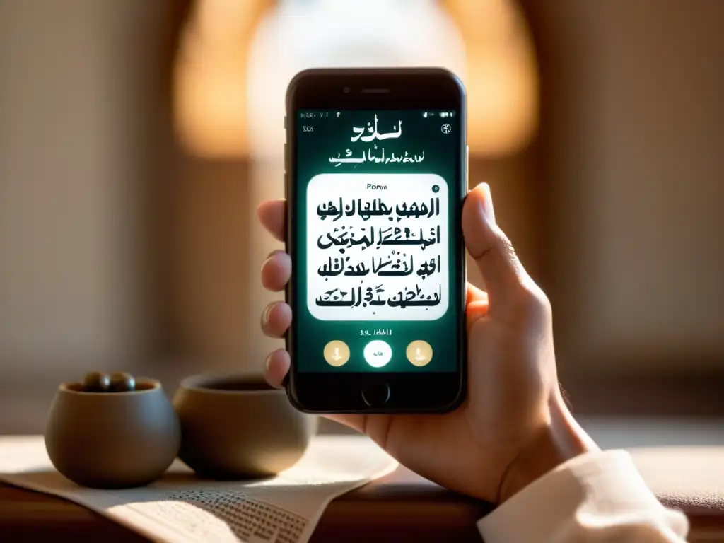 Imagen realista de una app de oración con diseño sereno y árabe elegante, uniendo musulmanes en la oración