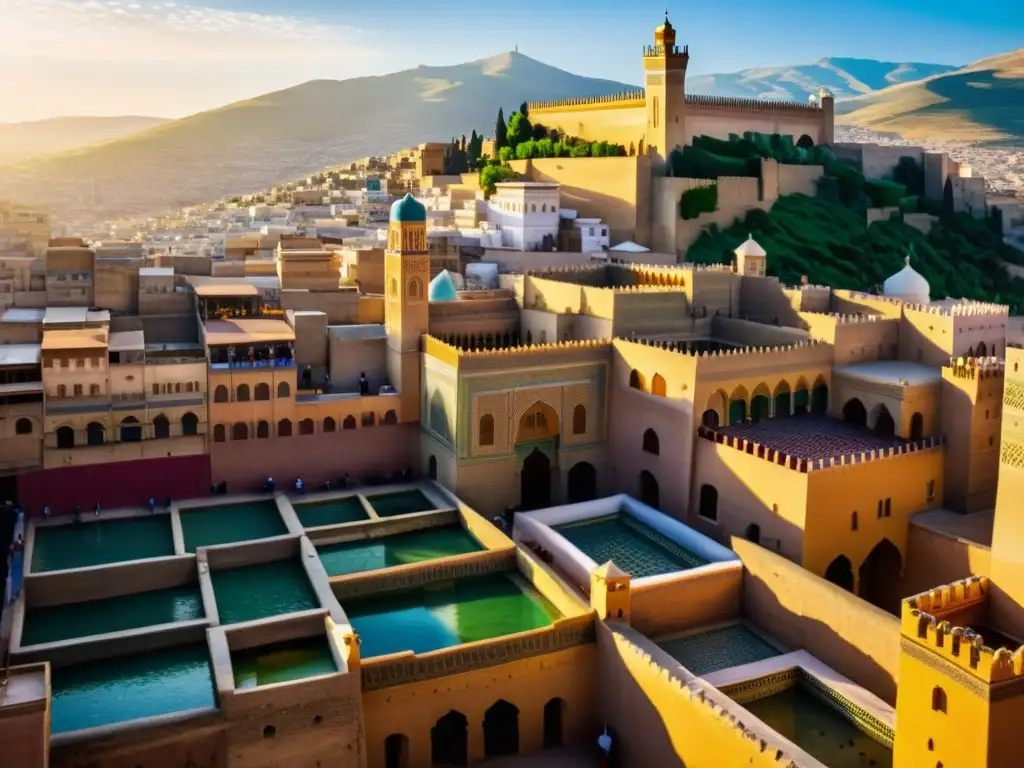 Imagen realista de Fez, Marruecos, con su arquitectura histórica, mercados bulliciosos, y la expansión islámica Magreb cultura histórica