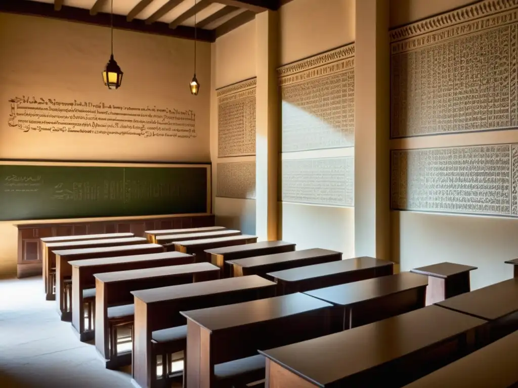 Imagen realista de un aula en Al-Ándalus durante la España musulmana con aportaciones educativas, estudiantes y maestro enseñando