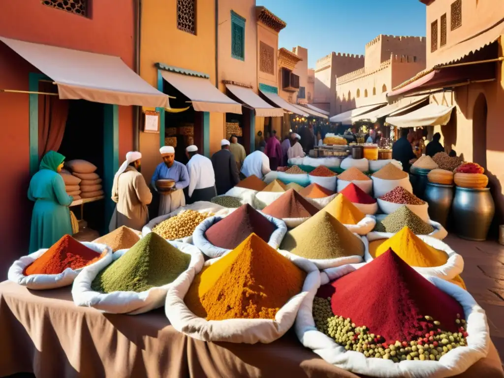 Imagen realista de un bullicioso mercado en Marruecos, con especias, textiles y locales comprando y vendiendo ingredientes tradicionales